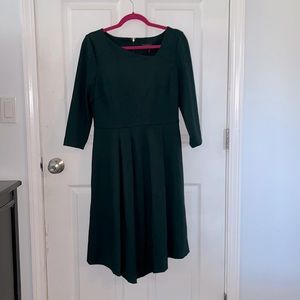 Donna Karan New York Ponte Stretch Quarter Sleeve Pleated Fit Flare Midi Dress.